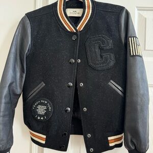COACH Black Wool & Leather Patch Jacket, Stadium Style,Size XS